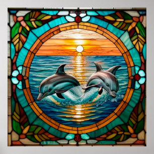 Stained Glass Art with Dolphins Leaping at Sunset Poster