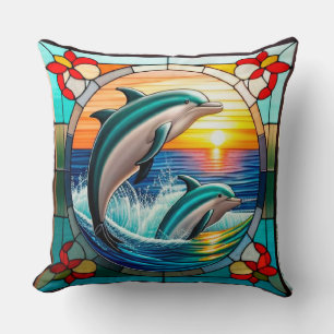 Stained Glass Art with Dolphins Leaping at Sunset Throw Pillow
