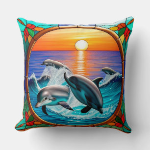 Stained Glass Art with Dolphins Leaping at Sunset Throw Pillow