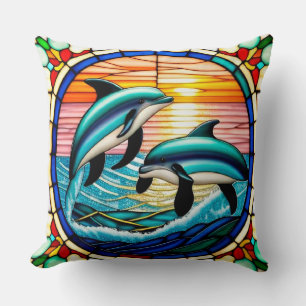 Stained Glass Art with Dolphins Leaping at Sunset Throw Pillow
