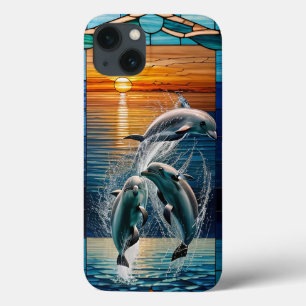 Stained Glass Artwork Featuring Playful Dolphins iPhone 13 Case