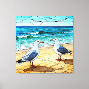 Stained Glass Artwork of Seagulls on a Beach Canvas Print