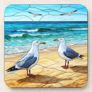 Stained Glass Artwork of Seagulls on a Beach Coaster