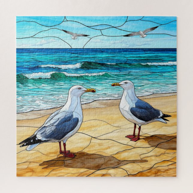 Stained Glass Artwork of Seagulls on a Beach Jigsaw Puzzle (Vertical)