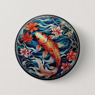 Stained Glass Asian Style Koi Fish and Camellias 2 Inch Round Button