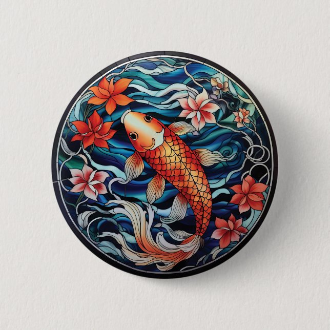 Stained Glass Asian Style Koi Fish and Camellias 2 Inch Round Button (Front)