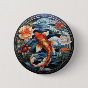 Stained Glass Asian Style Koi Fish and Camellias 2 Inch Round Button