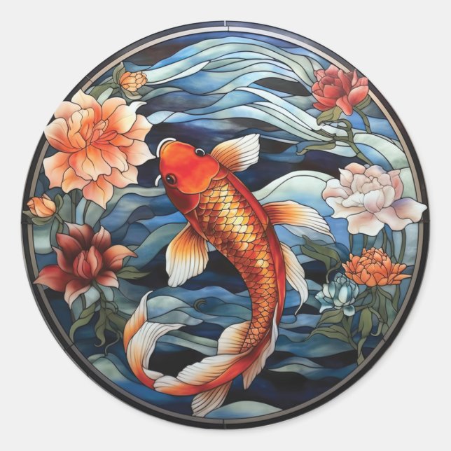 Stained Glass Asian Style Koi Fish and Camellias Classic Round Sticker (Front)