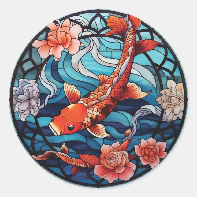 Stained Glass Asian Style Koi Fish and Camellias Classic Round Sticker (Front)