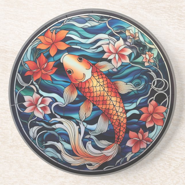 Stained Glass Asian Style Koi Fish and Camellias Coaster (Front)