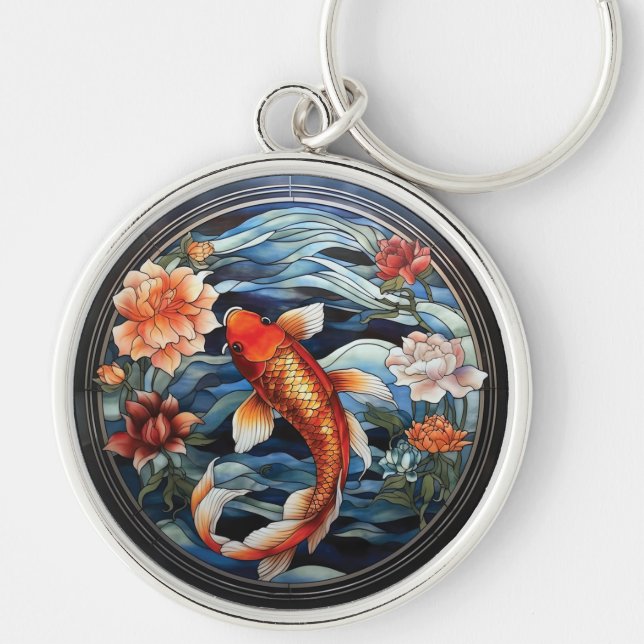 Stained Glass Asian Style Koi Fish and Camellias Keychain (Front)