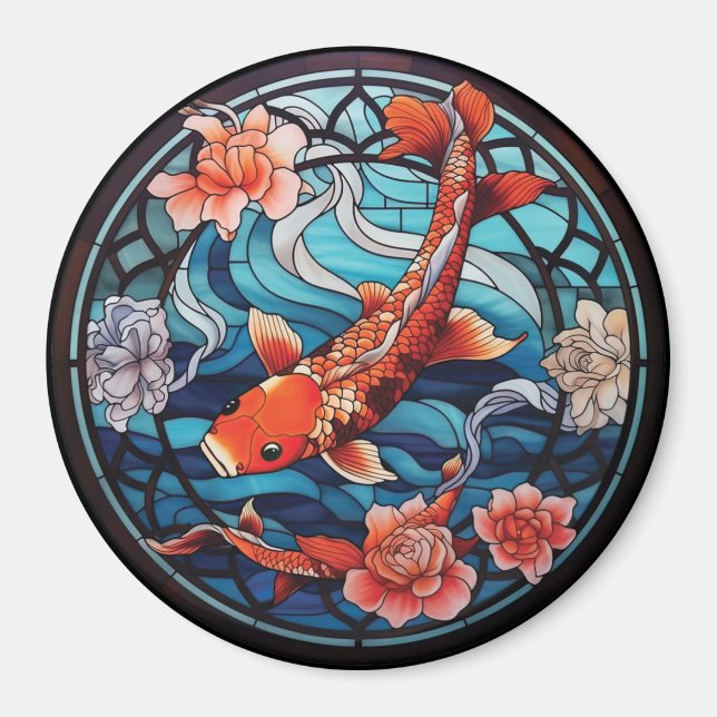 Stained Glass Asian Style Koi Fish and Camellias Magnet (Front)