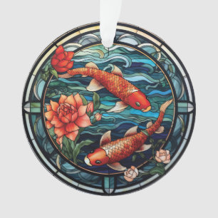 Stained Glass Asian Style Koi Fish and Camellias Ornament