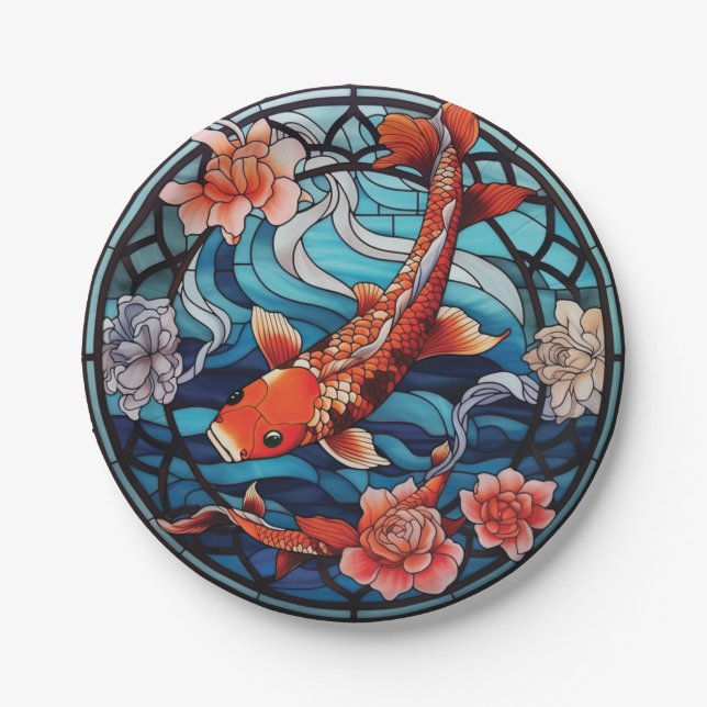 Stained Glass Asian Style Koi Fish and Camellias Paper Plate (Front)