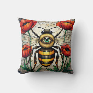 Stained Glass Bee Eye Poppies Whimsical Insect Art Throw Pillow