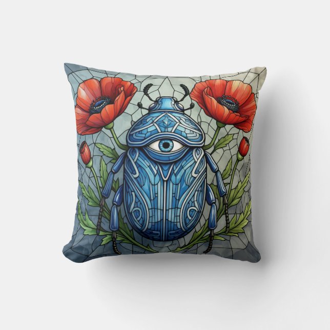 Stained Glass Beetle Eye Poppies Unique Bug Insect Throw Pillow (Front)