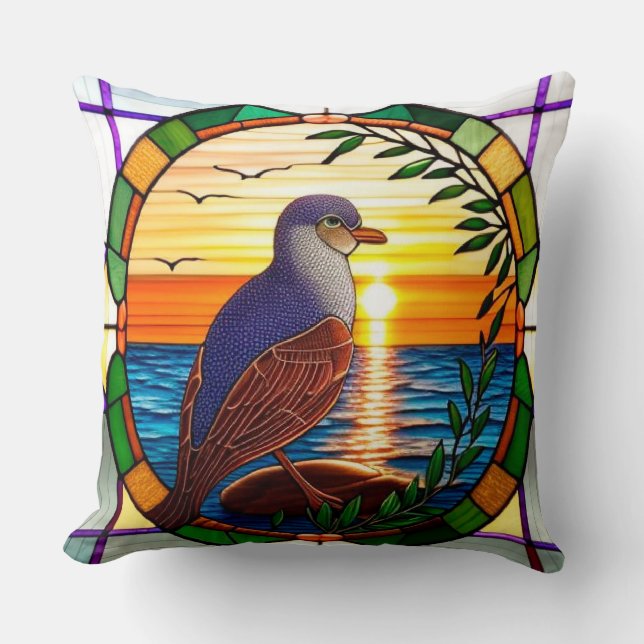 🐦 Stained Glass Bird Sunset Ocean Decor 🌅 Throw Pillow (Front)