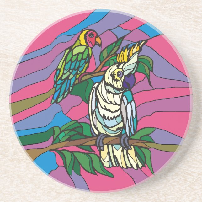Stained glass birds colourful parrots coaster (Front)