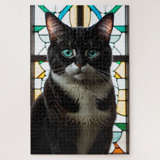 Stained Glass Black and White Cat Jigsaw Puzzle