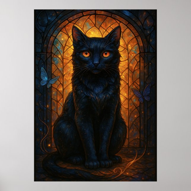 Stained Glass Black Cat Fantasy Artwork Poster (Front)