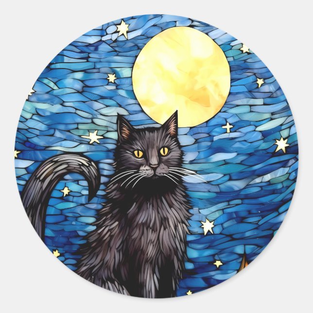 Stained Glass Black Cat Starry Night Classic Round Sticker (Front)
