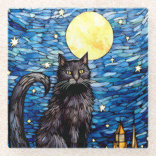 Stained Glass Black Cat Starry Night Coaster