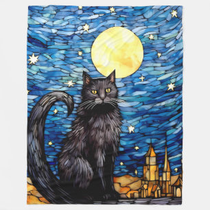 Stained Glass Black Cat Starry Night Fleece Blanket