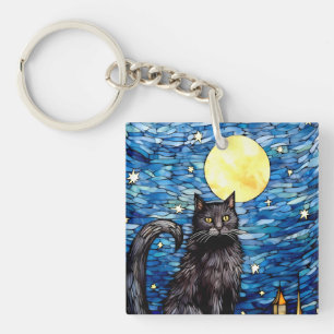 Stained Glass Black Cat Starry Night Keychain