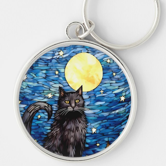 Stained Glass Black Cat Starry Night Keychain (Front)