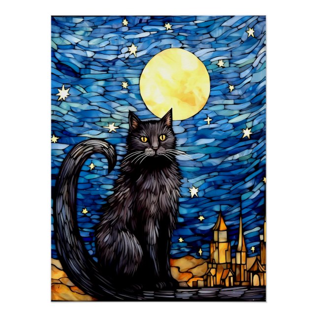 Stained Glass Black Cat Starry Night Poster (Front)