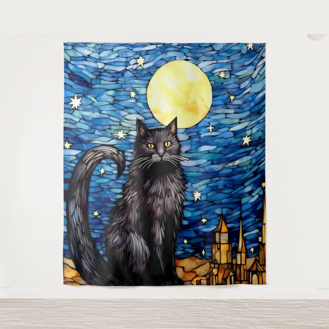 Stained Glass Black Cat Starry Night Tapestry (Front)