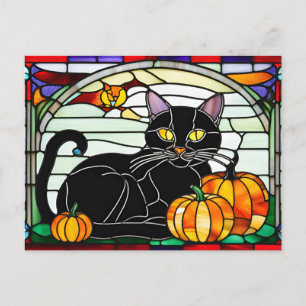 Stained Glass Black Cat with Pumpkins Holiday Postcard