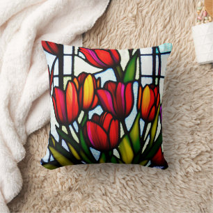 "Stained Glass Blooms: Leadlight Tulips in Color" Throw Pillow