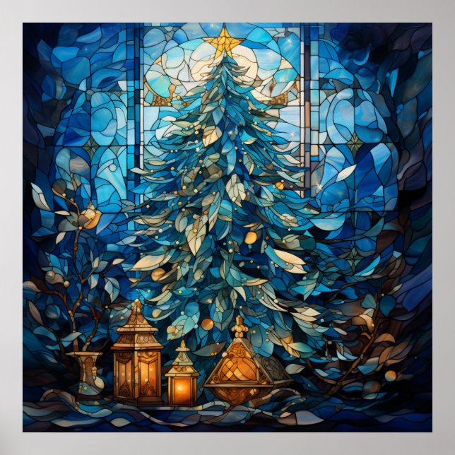 Stained Glass Blue Christmas Poster (Front)