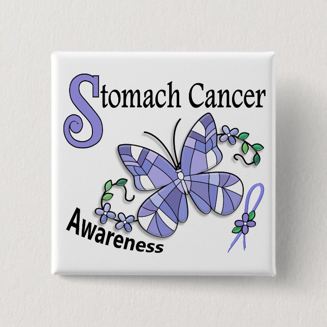 Stained Glass Butterfly 2 Stomach Cancer 2 Inch Square Button (Front)