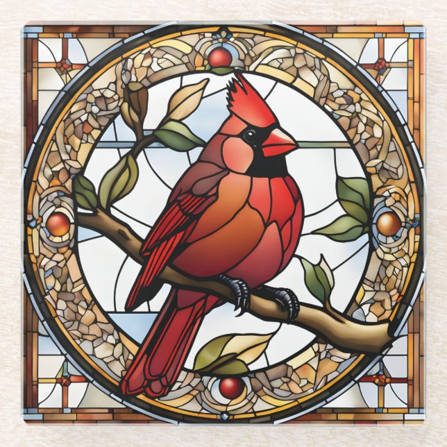 Stained Glass Cardinal Memorial Gift Ideas  Glass Coaster (Front)