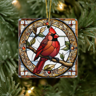 Stained Glass Cardinal Square Red Birds Gift Ideas Ceramic Ornament