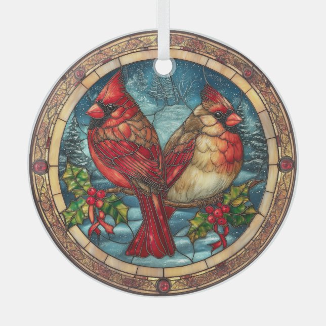 Stained Glass Cardinals on Holly Branch  Glass Ornament (Front)