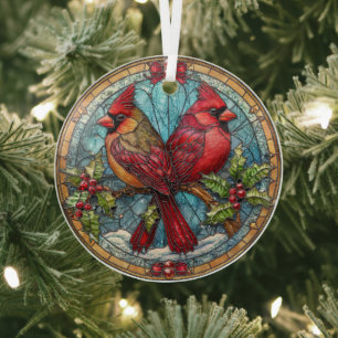 Stained Glass Cardinals on Holly Branch  Ornament