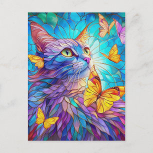 Stained Glass Cat 730 blue yellow butterflies Postcard