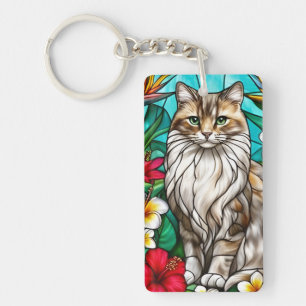 Stained-Glass Cat Portrait Elegant Longhair Cat Keychain