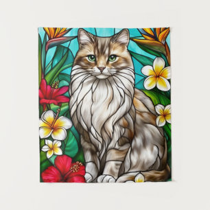 Stained-Glass Cat Portrait Elegant Longhair Cat Tapestry