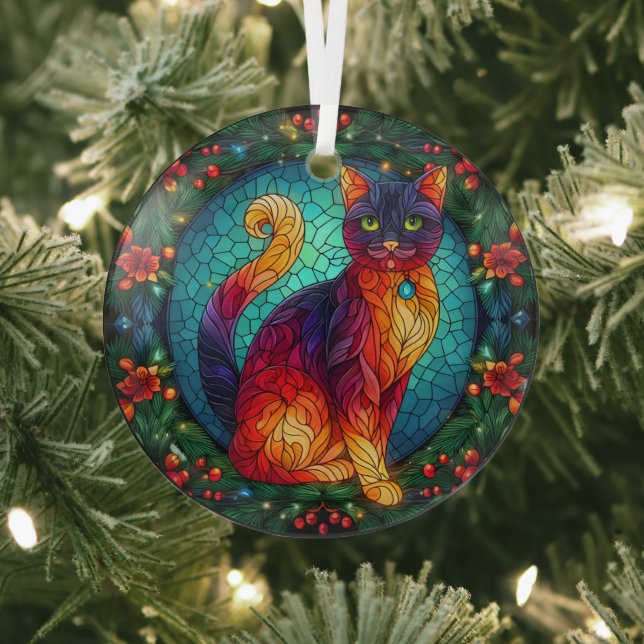 Stained Glass Cat with Christmas Holly Glass Ornament (Insitu)