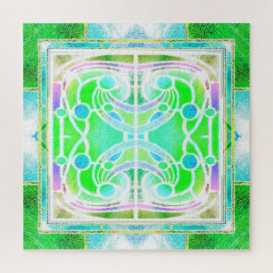 Stained Glass Cathedral Window in Cool Mint Green Jigsaw Puzzle