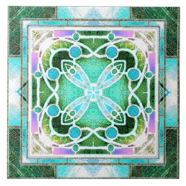  Stained Glass Cathedral Window in Green and Mint Tile (Front)