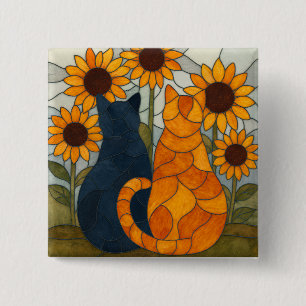 Stained Glass Cats and Sunflowers Art Design 2 Inch Square Button
