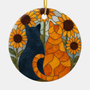 Stained Glass Cats and Sunflowers Art Design Ceramic Ornament