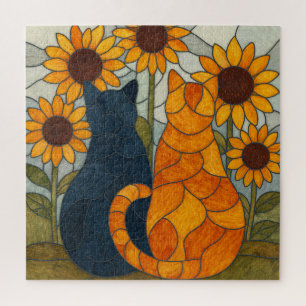 Stained Glass Cats and Sunflowers Art Design Jigsaw Puzzle