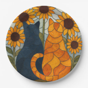 Stained Glass Cats and Sunflowers Art Design Paper Plate