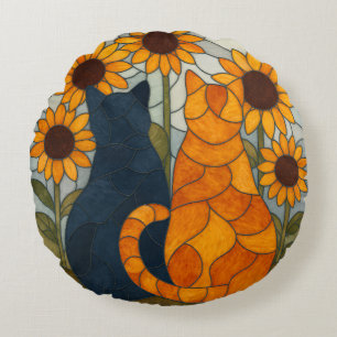 Stained Glass Cats and Sunflowers Art Design Round Pillow